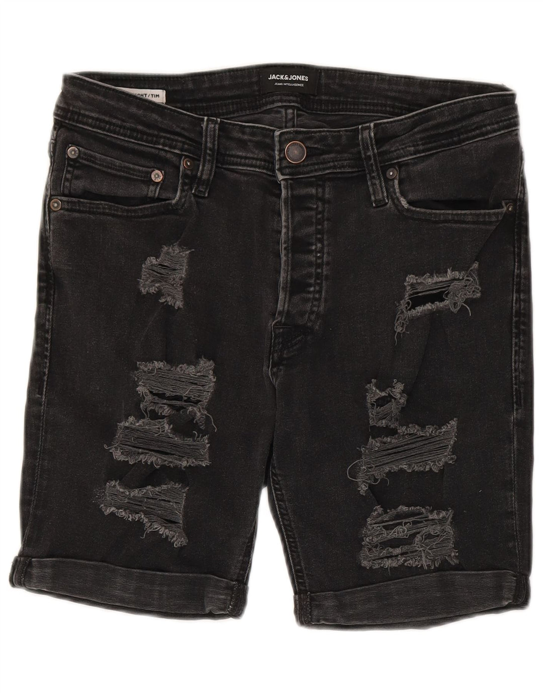 Shorts jeans masculinos Jack & Jones Tim Distressed médio W30 algodão preto