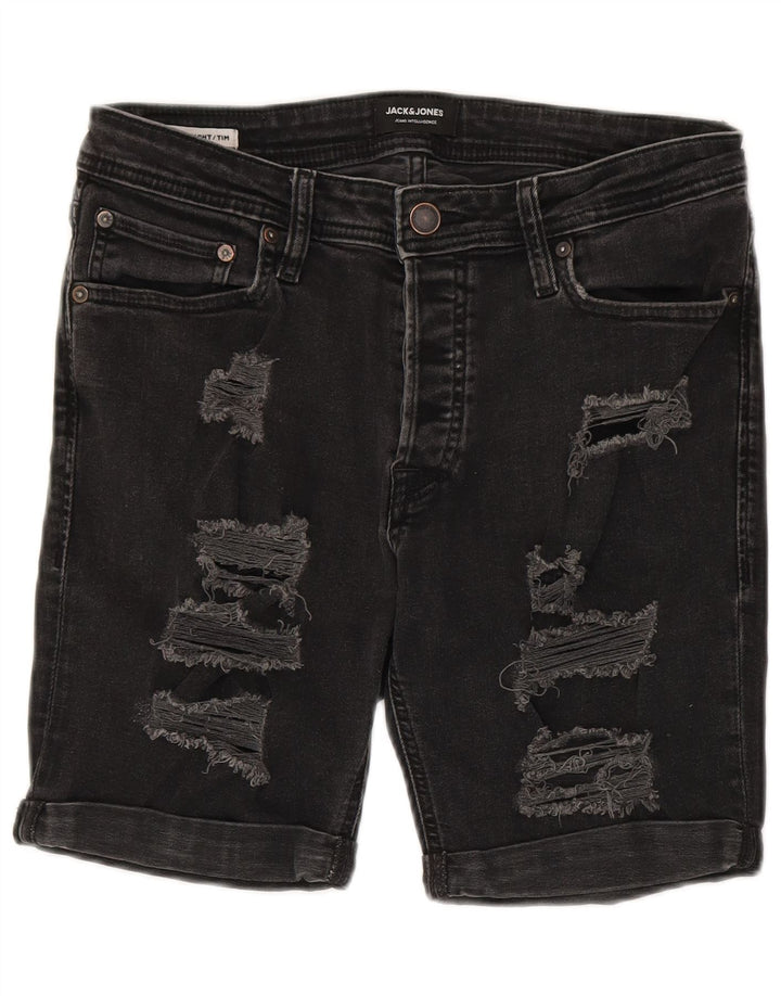Shorts jeans masculinos Jack & Jones Tim Distressed médio W30 algodão preto