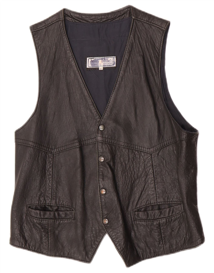Colete de couro masculino vintage médio couro preto