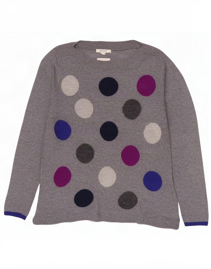 Suéter feminino com gola canoa White Stuff Reino Unido 10 pequeno cinza geométrico
