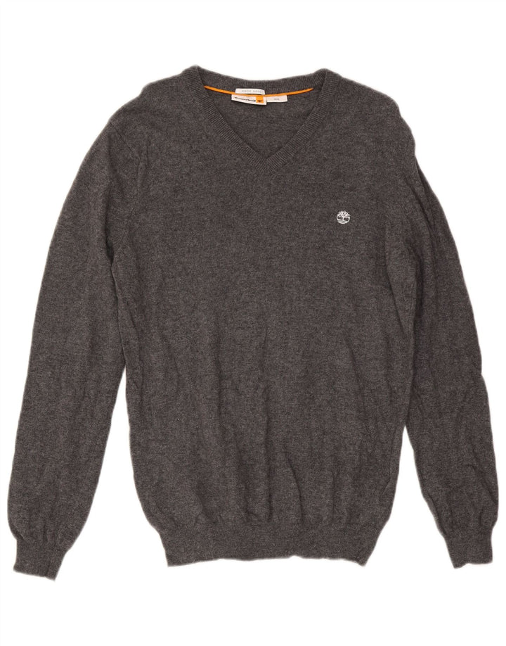 Suéter masculino Timberland com decote em V de lã cinza médio