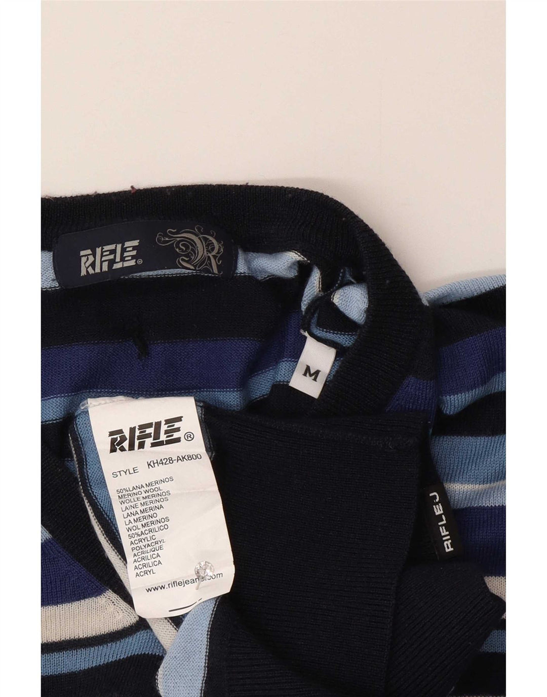 Suéter masculino Rifle com decote em V de lã listrada azul marinho médio