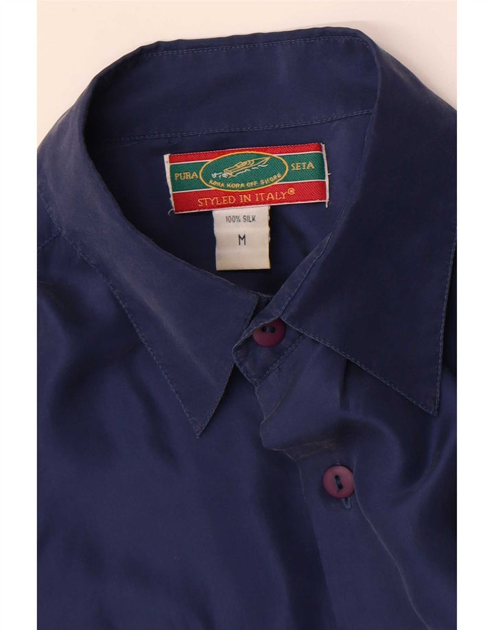 Camisa masculina vintage média azul marinho seda