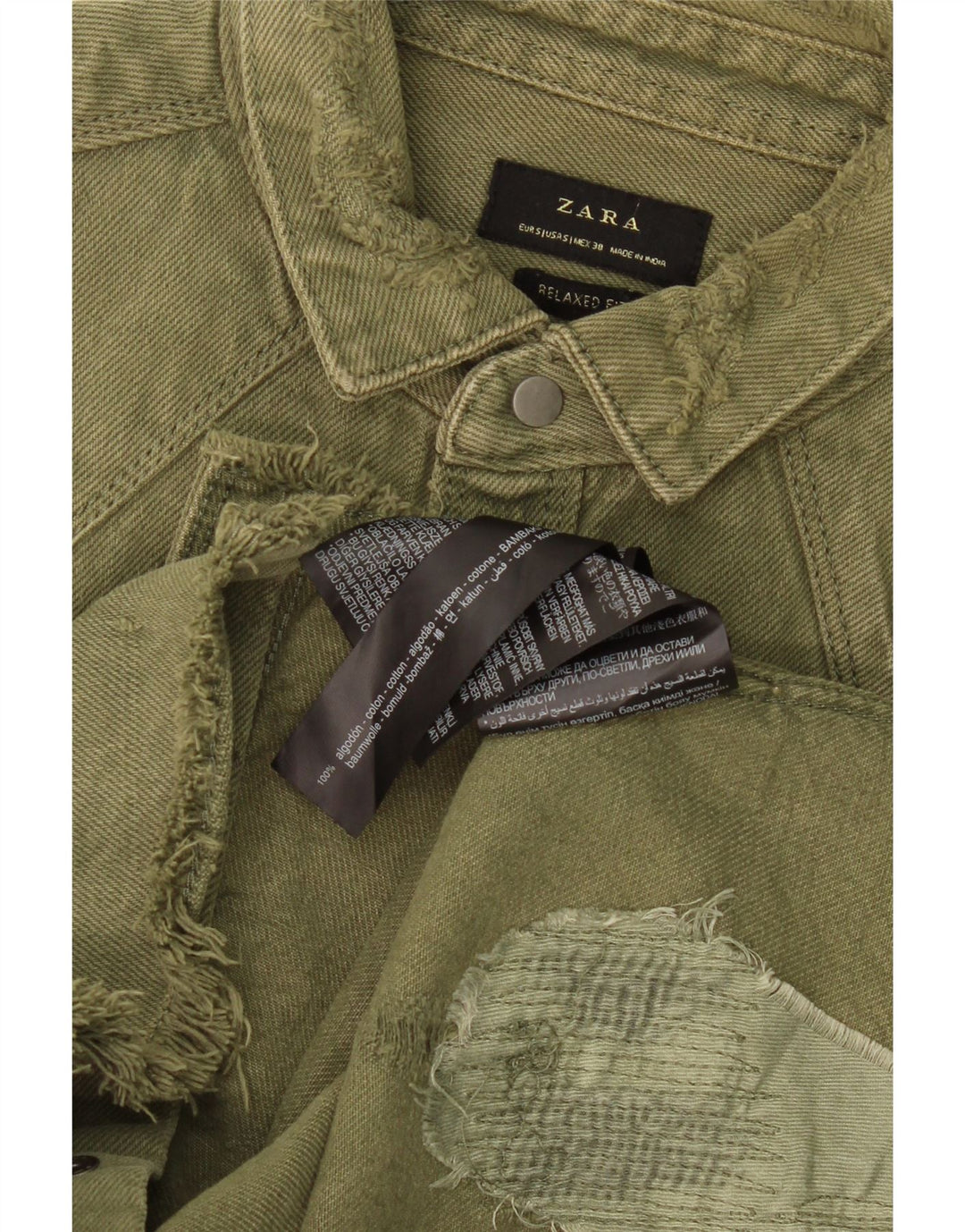Camisa jeans masculina ZARA com ajuste relaxado e desgastado pequeno algodão cáqui