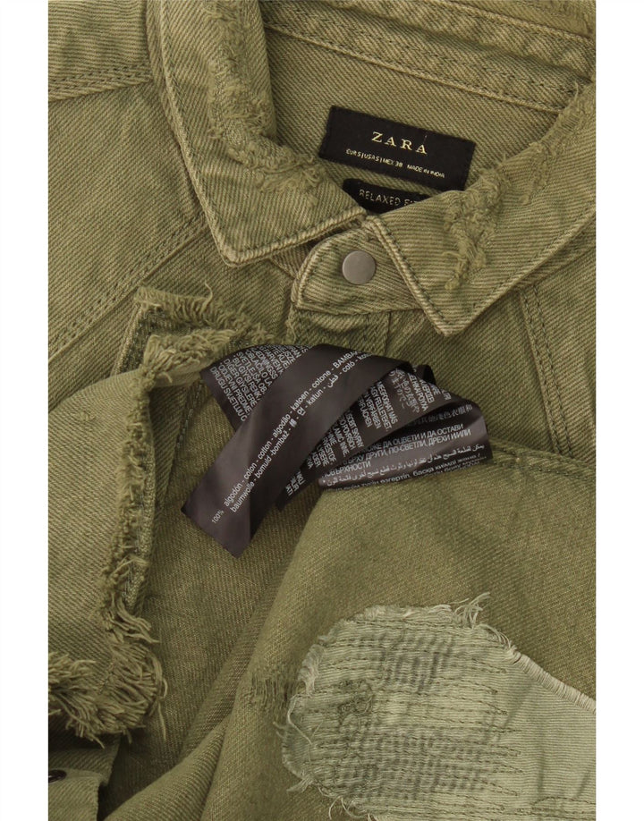 Camisa jeans masculina ZARA com ajuste relaxado e desgastado pequeno algodão cáqui