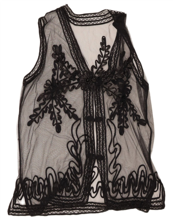 Blusa feminina vintage transparente Reino Unido 14 médio preto floral