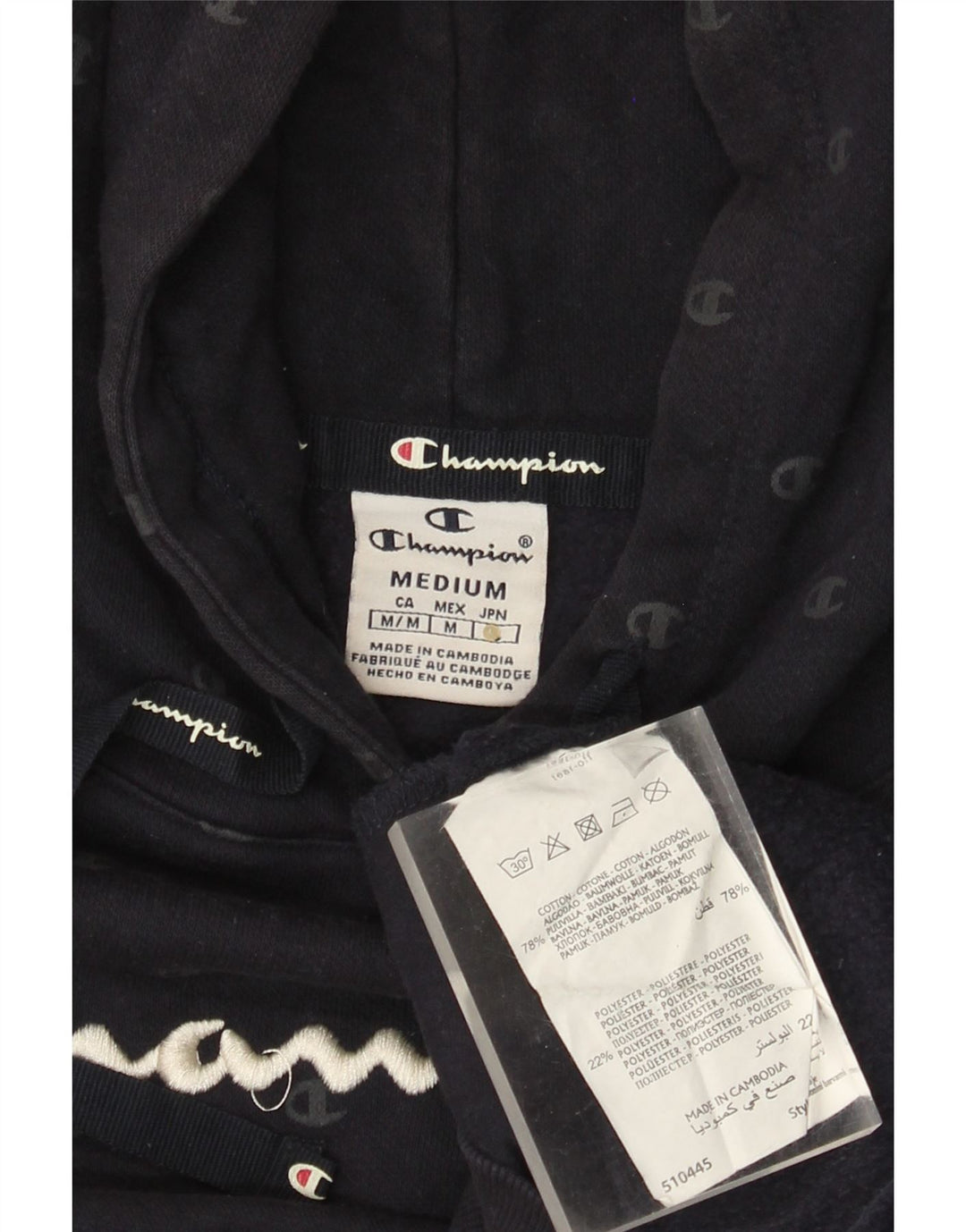 CHAMPION Suéter feminino com capuz gráfico Reino Unido 12 algodão azul marinho médio