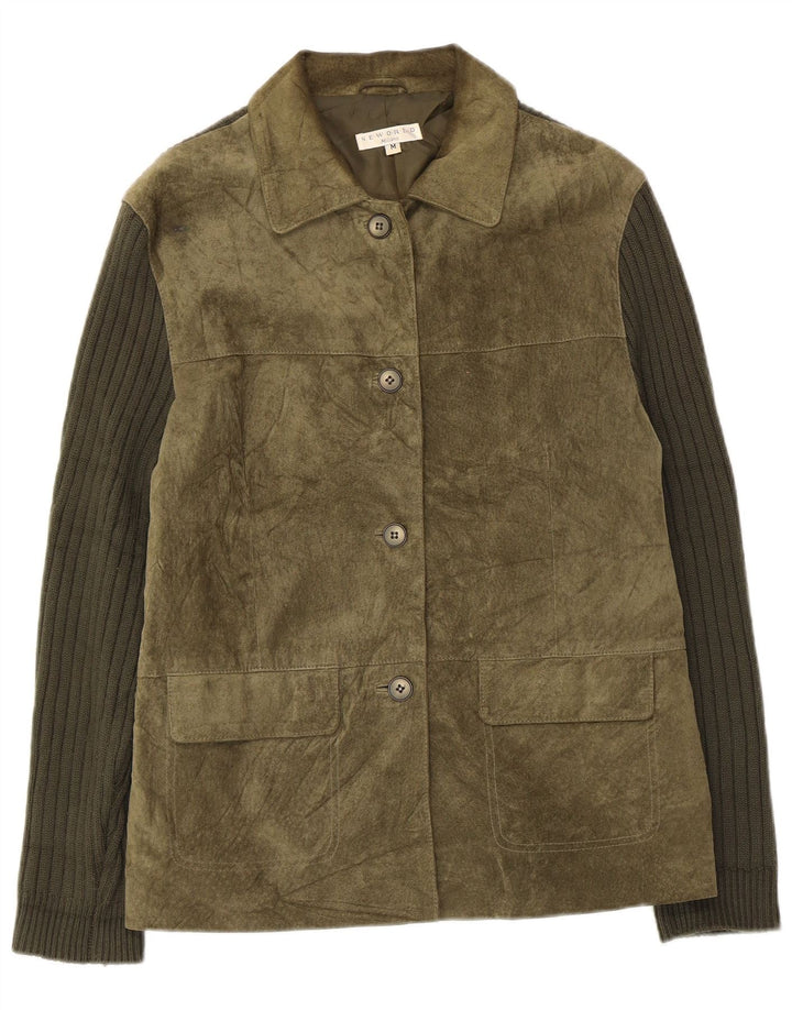 Jaqueta feminina vintage de camurça tricotada Reino Unido 14 couro verde médio