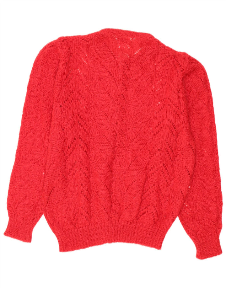 Suéter cardigã feminino vintage transparente grande Reino Unido 14 vermelho médio