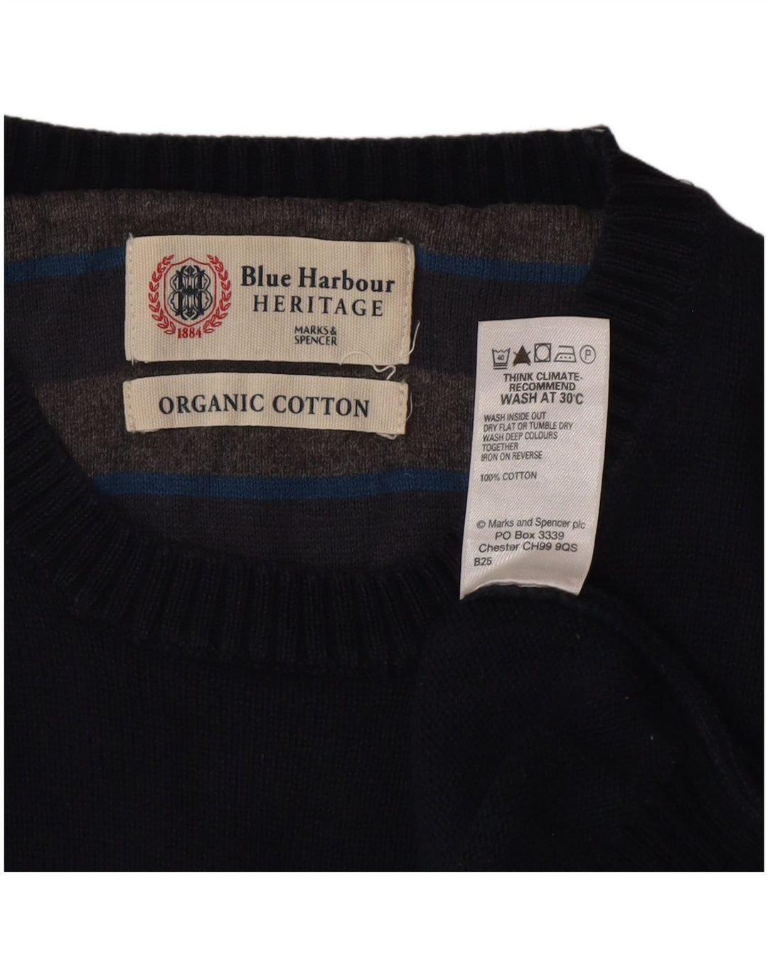 Suéter masculino Marks & Spencer com gola redonda, algodão azul marinho médio