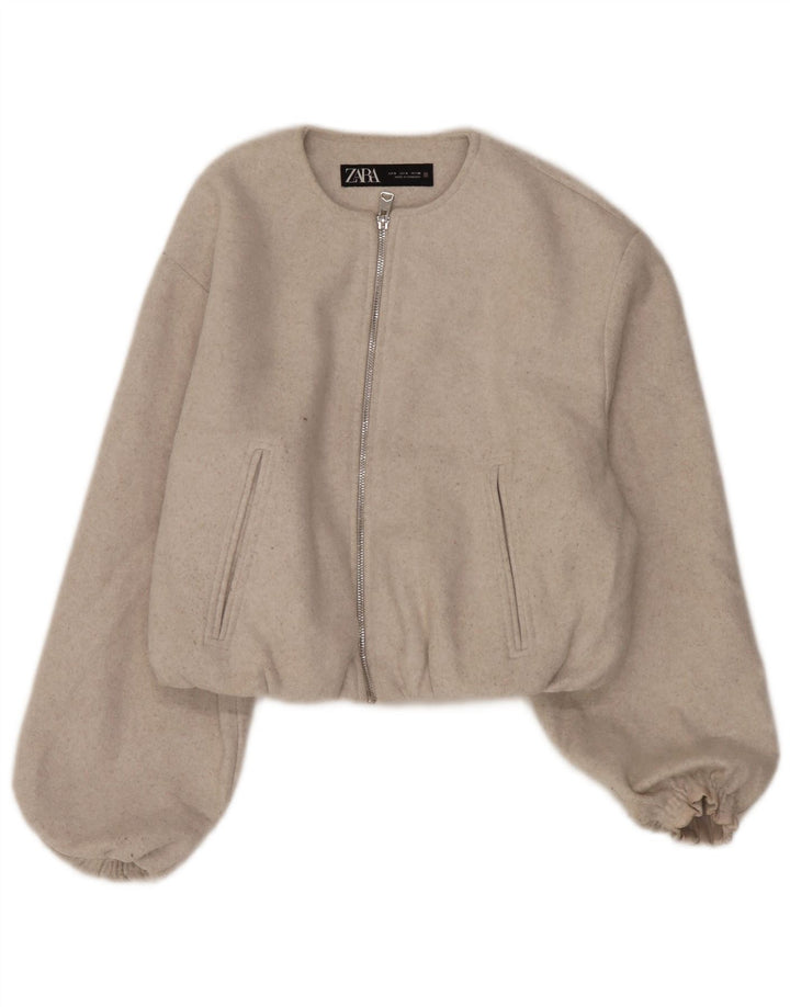 Zara Womens Crop Oversized Bomber Jacket UK 10 Pequeno Poliéster Bege