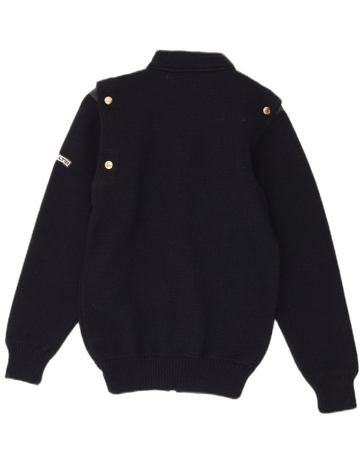 Suéter cardigã feminino vintage Reino Unido 12 médio azul marinho lã nova