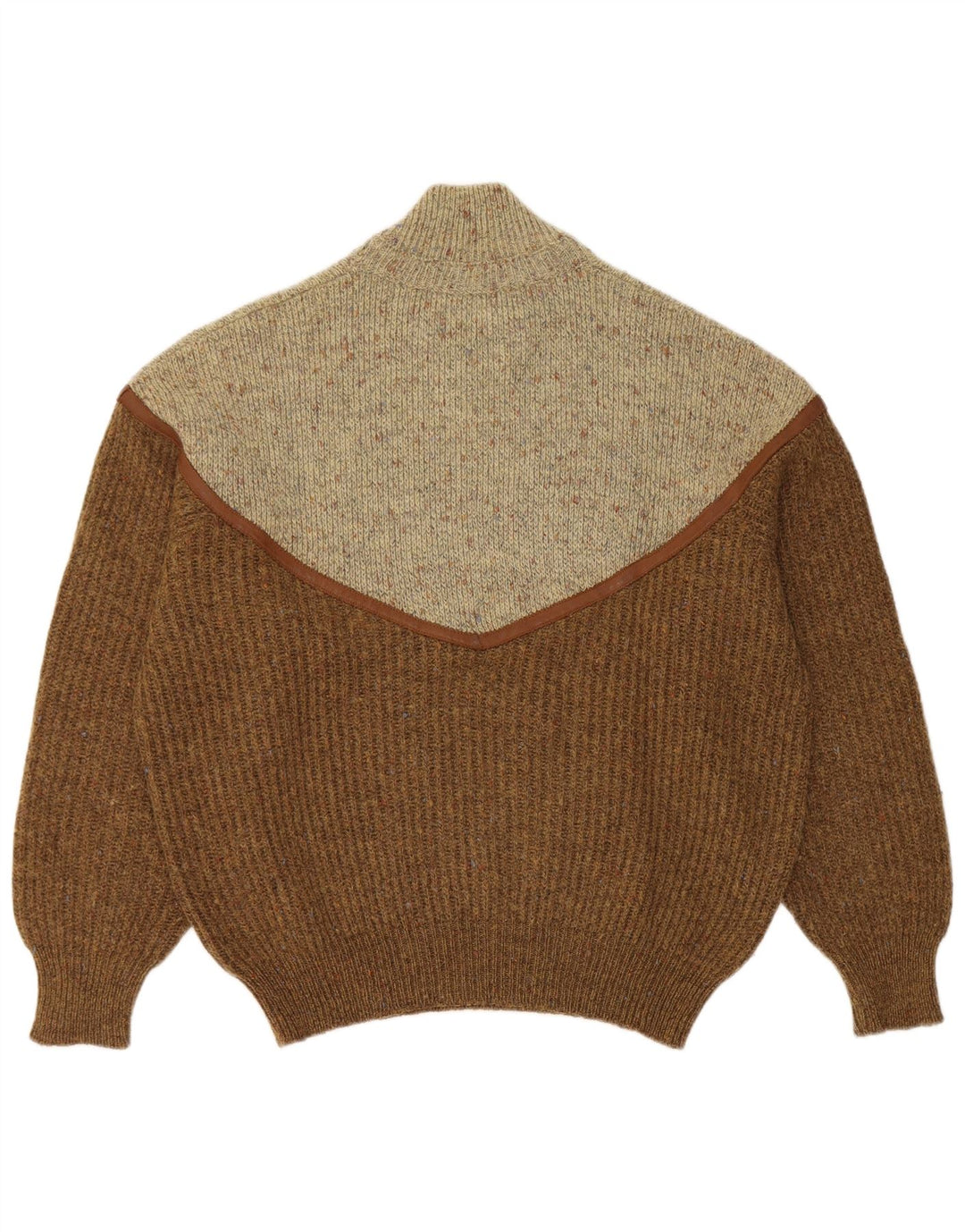 Suéter vintage masculino com gola tartaruga grande bloco colorido marrom