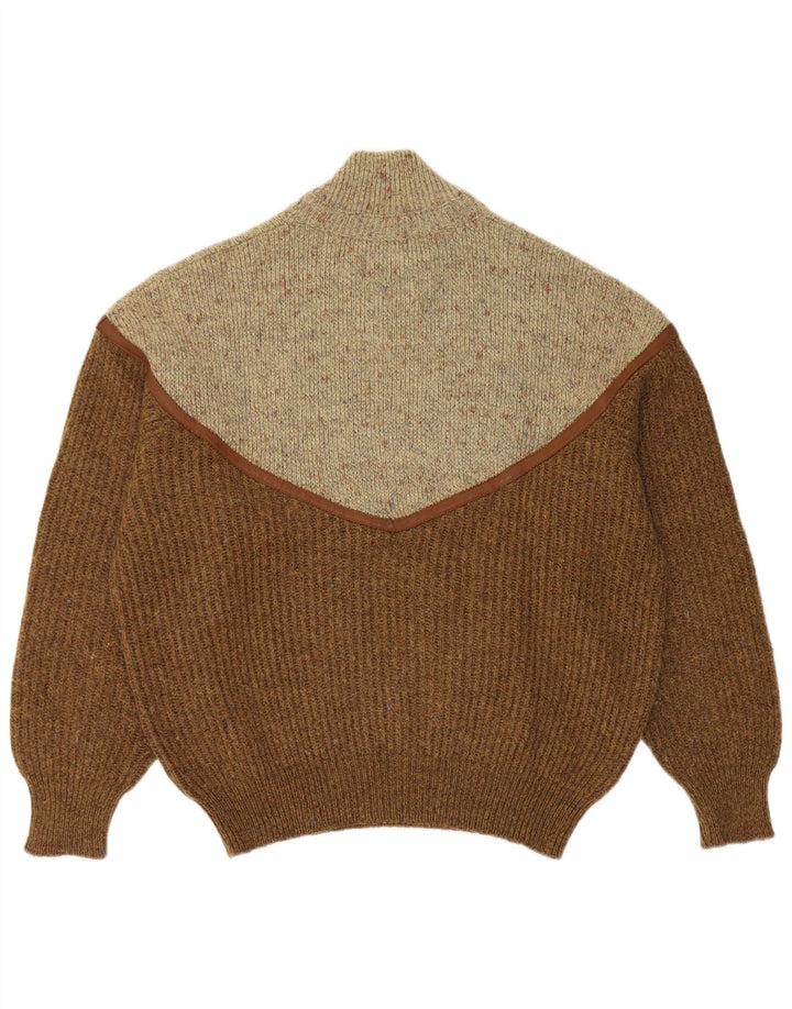 Suéter vintage masculino com gola tartaruga grande bloco colorido marrom