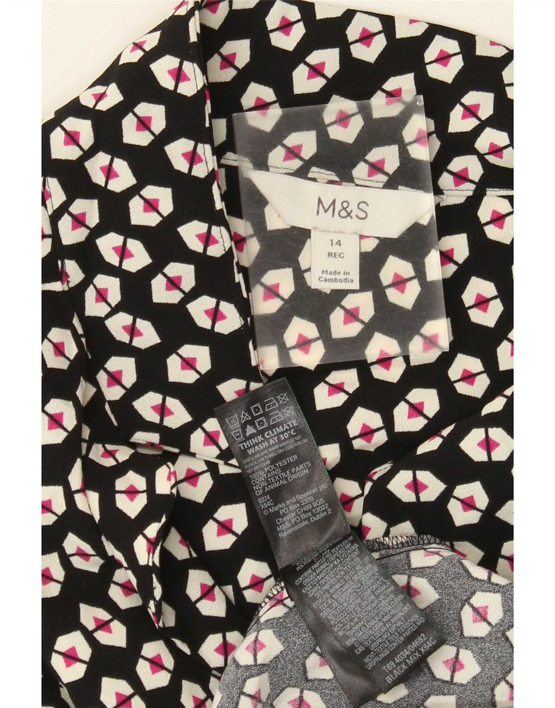 Vestido camisa feminino Marks & Spencer Reino Unido 14 grande poliéster geométrico preto