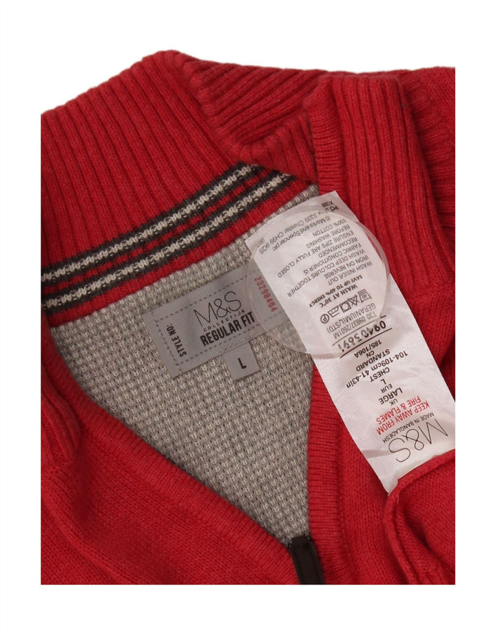Suéter masculino Marks & Spencer de ajuste regular com zíper e gola grande de algodão vermelho