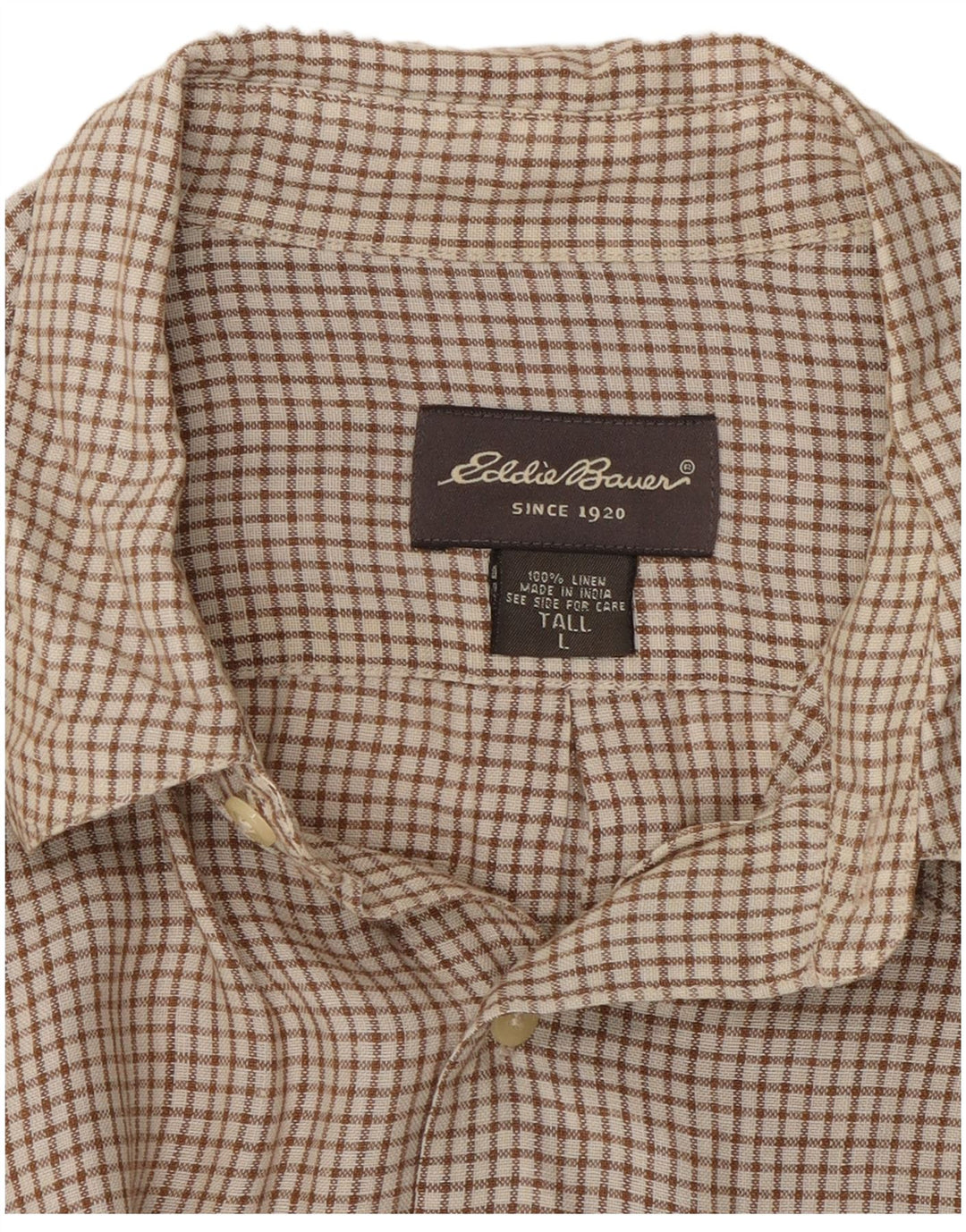 EDDIE BAUER Camisa masculina alta de manga curta grande linho xadrez marrom