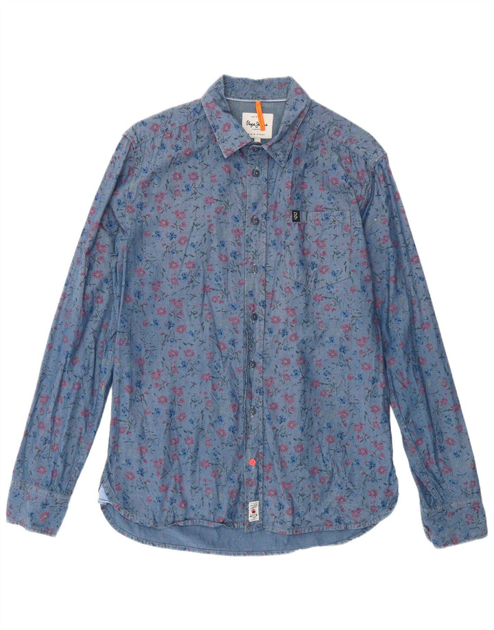 Camisa slim masculina PEPE JEANS algodão floral azul médio