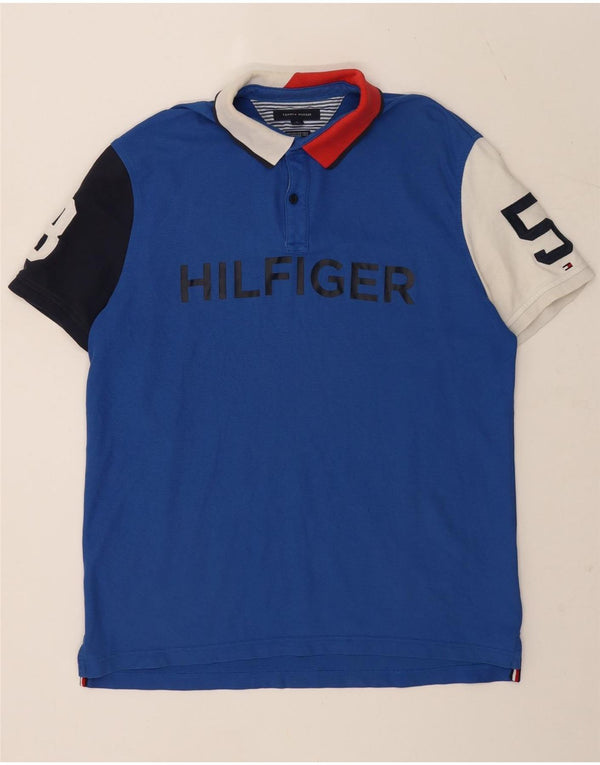 Tommy Hilfiger Camisa polo masculina gráfica de rugby XL azul colorblock algodão