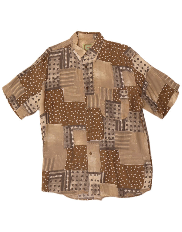 Camisa masculina vintage de manga curta com retalhos marrons médios