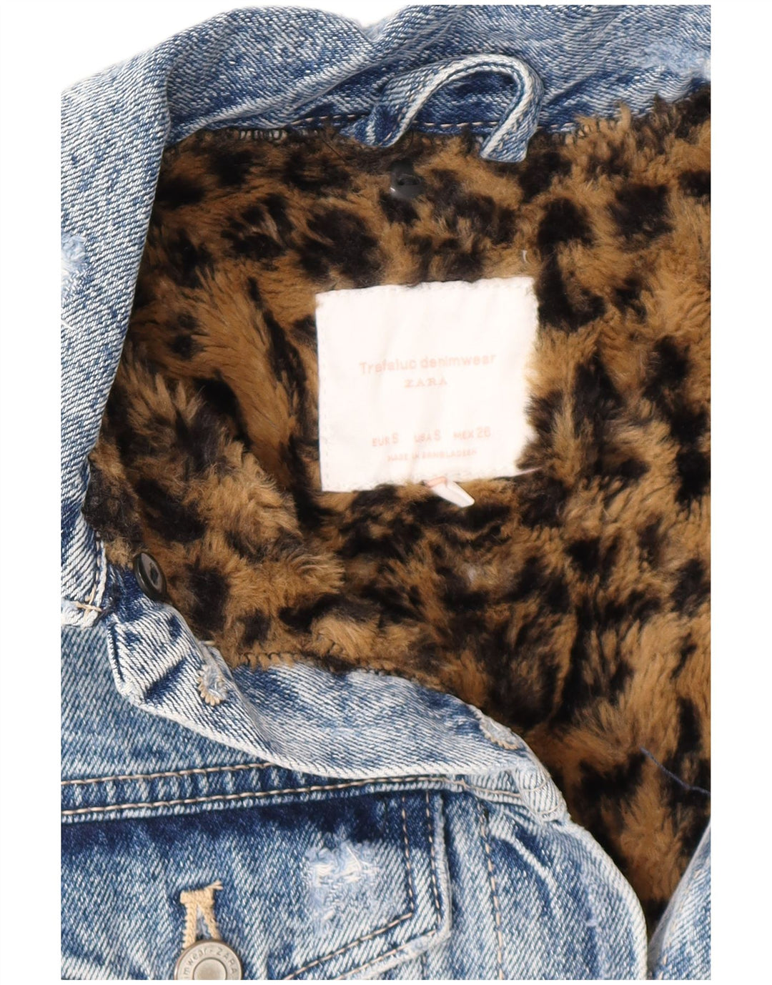 Zara Casaco jeans feminino oversized desgastado Sherpa Reino Unido 10 pequeno azul