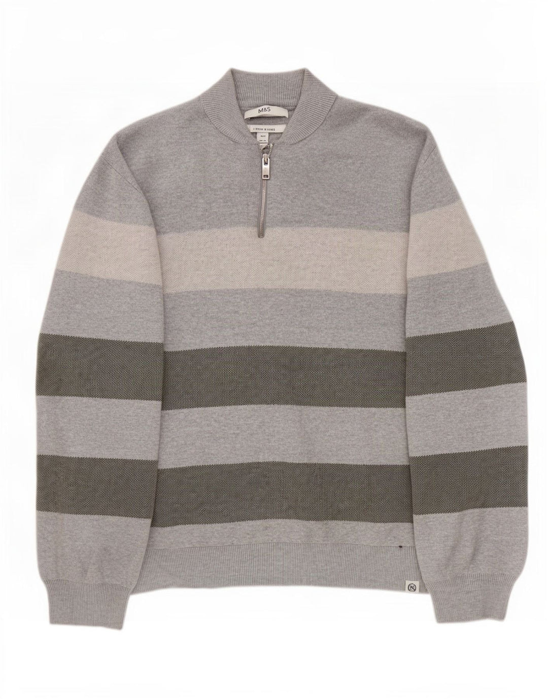 Suéter masculino Marks & Spencer com zíper e gola 3XL algodão listrado cinza