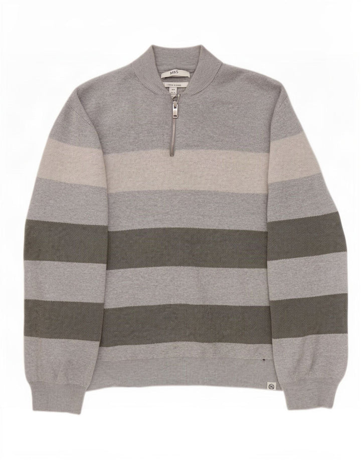 Suéter masculino Marks & Spencer com zíper e gola 3XL algodão listrado cinza