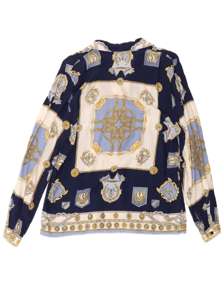 Blusa feminina VINTAGE com padrão abstrato Reino Unido 14 azul marinho médio