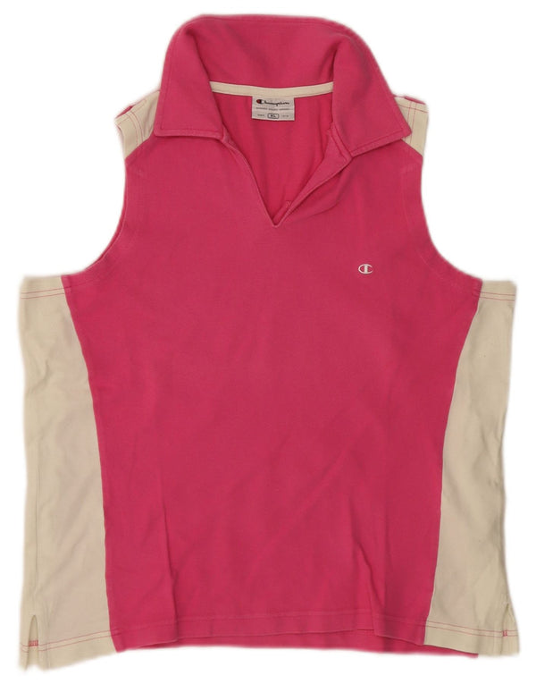Camisa polo feminina Champion sem mangas UK 18 XL rosa algodão colorblock