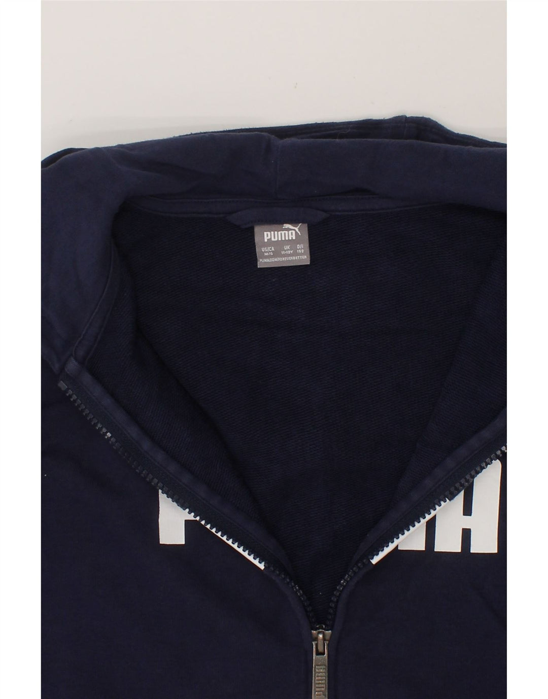 PUMA Boys Graphic Zip Hoodie Sweater 11-12 Years Navy Blue Cotton Vintage Puma and Second-Hand Puma from Messina Hembry 