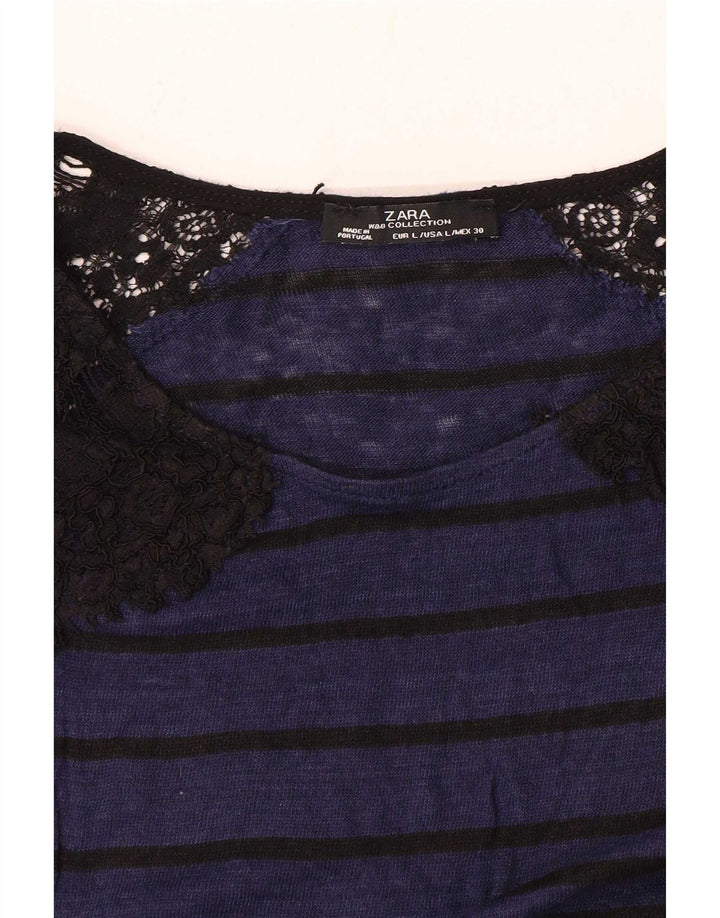 Top feminino Zara manga comprida UK 14 grande listrado azul marinho