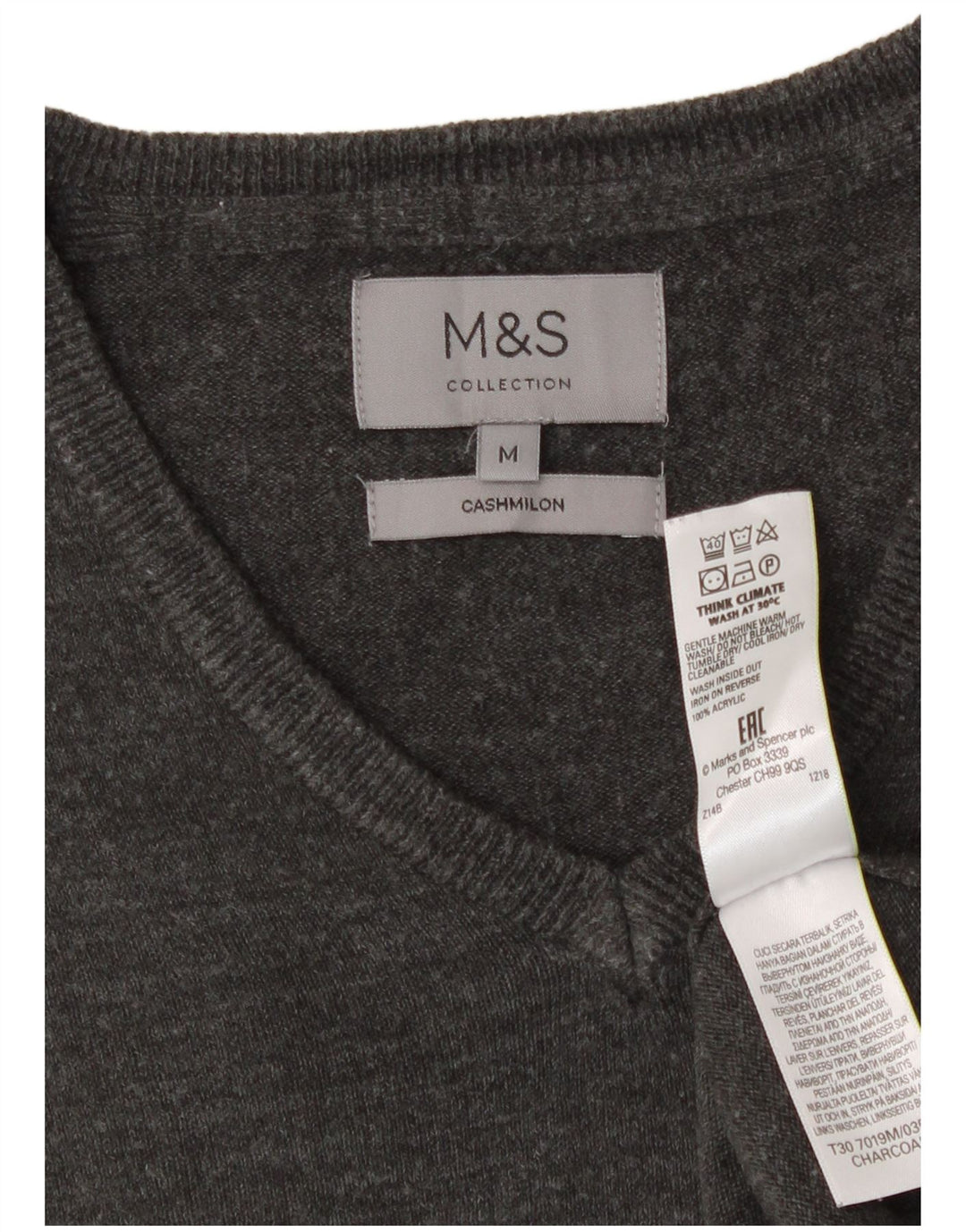 Suéter masculino Marks & Spencer com decote em V cinza médio acrílico