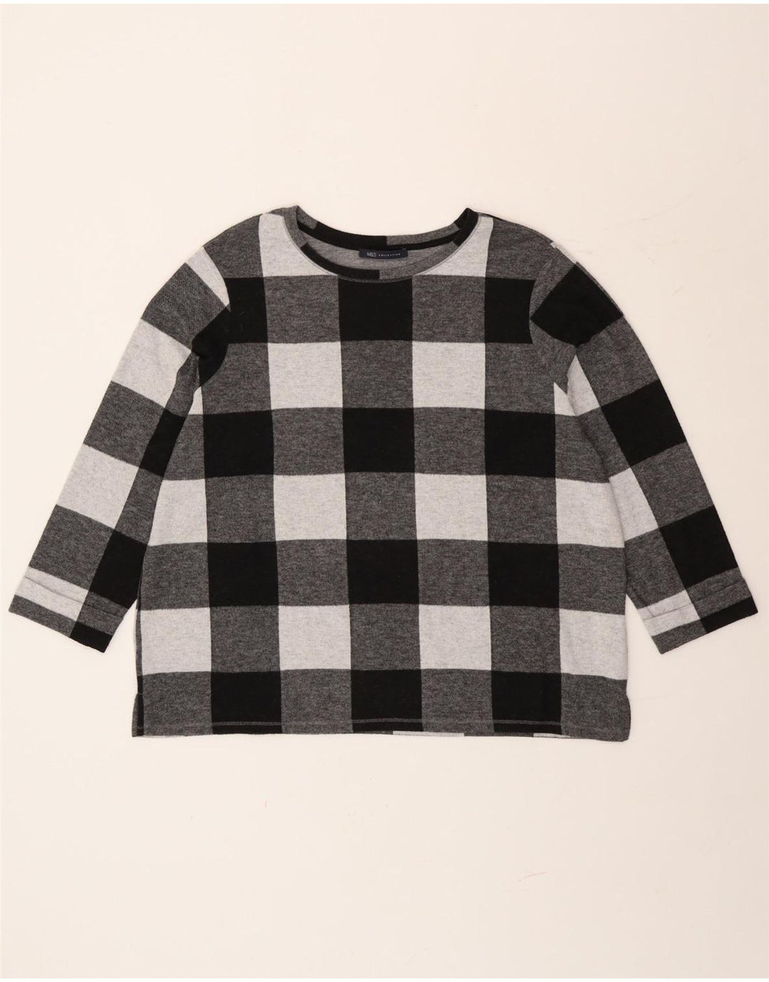Top feminino Marks & Spencer de manga comprida UK 20 2XL poliéster xadrez cinza