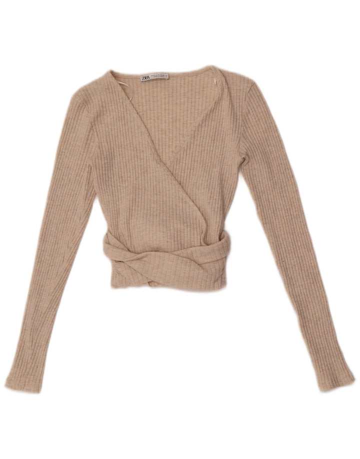 Zara Womens Crop Wrap Cardigan Top Reino Unido 12 Poliéster Bege Médio