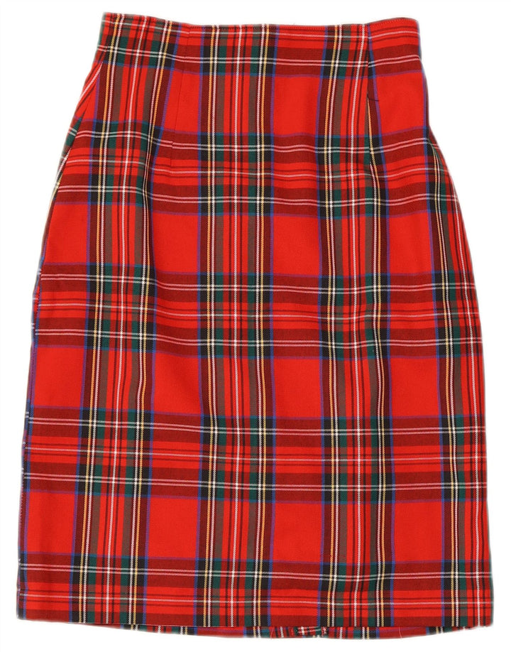 Saia lápis feminina vintage Reino Unido 9/10 pequena W26 poliéster xadrez vermelho