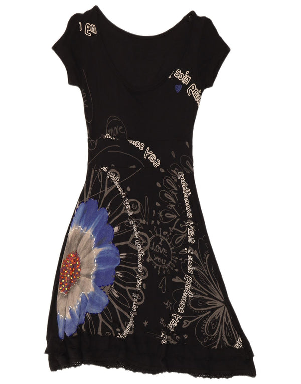 Vestido feminino Desigual com estampa A-Line UK 12 médio preto floral