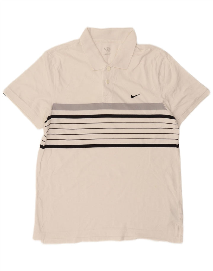Camisa polo masculina Nike grande listrada branca de algodão