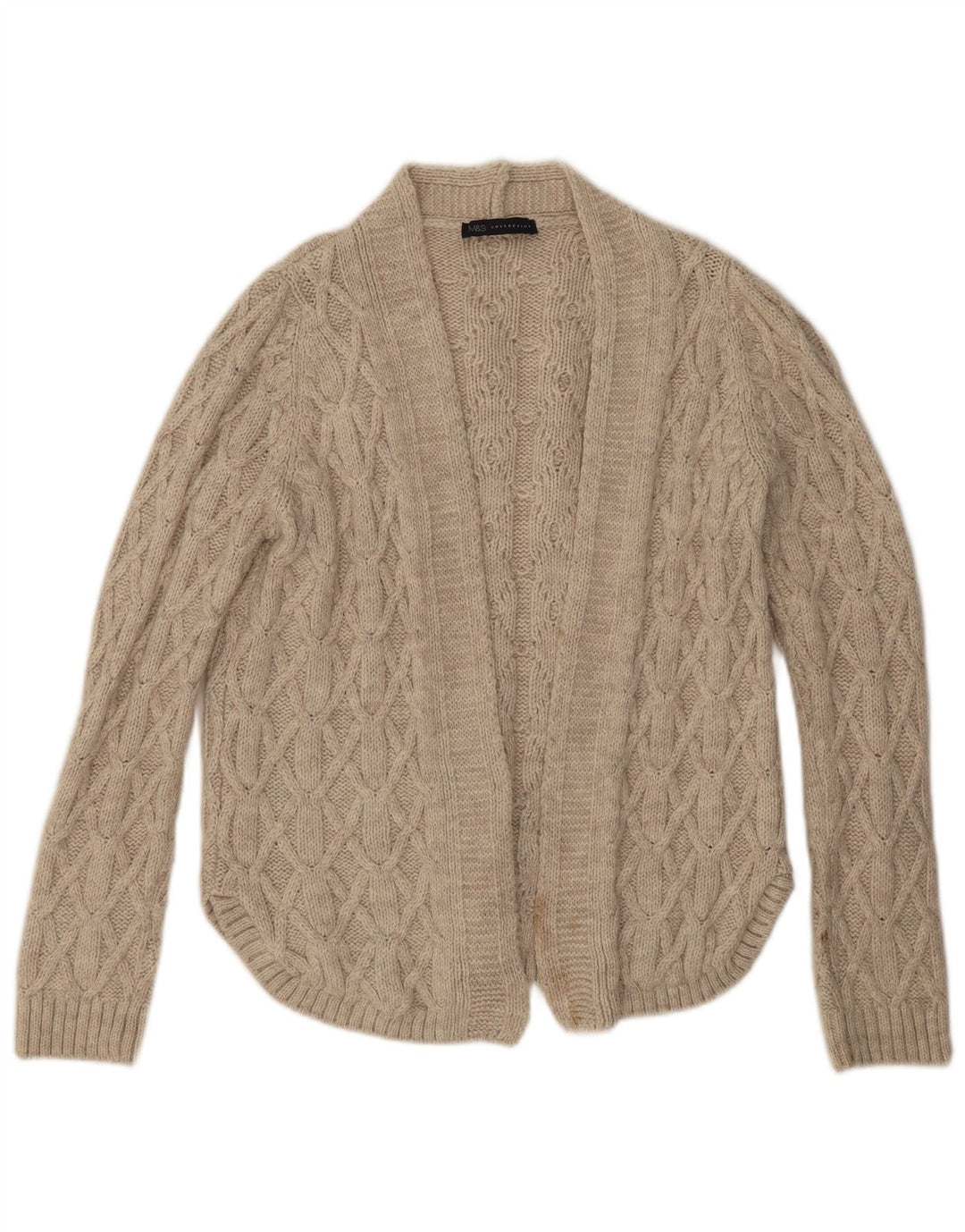 Suéter cardigã aberto grande Marks & Spencer feminino Reino Unido 12 médio bege