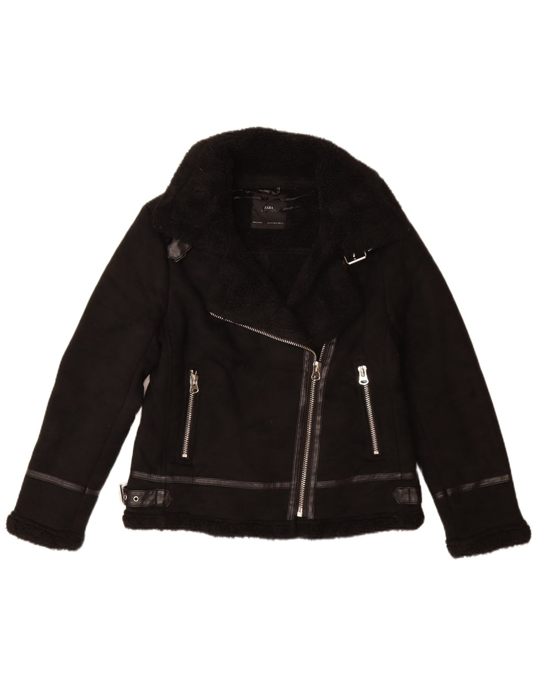 Jaqueta feminina Sherpa Biker ZARA UK 12 poliéster preto médio