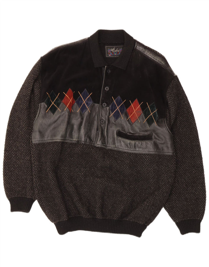 Suéter masculino Cobra com gola polo IT 52 grande preto argyle/lã diamante
