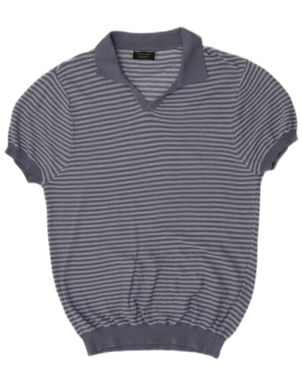 Zara Suéter masculino de manga curta com gola polo grande listrado azul