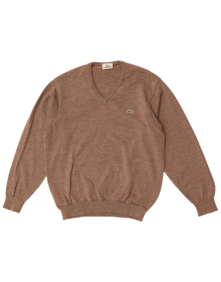 Suéter masculino Lacoste com decote em V tamanho 3 pequeno marrom lã nova