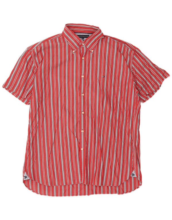 Camisa masculina de manga curta Tommy Hilfiger 2XL algodão listrado vermelho anos 80