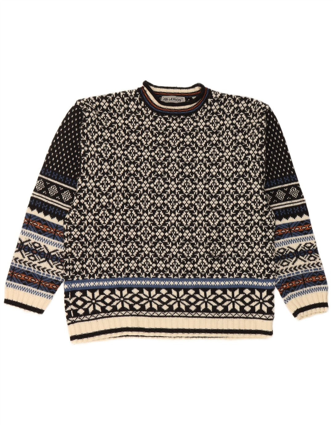 Suéter masculino Lerros com gola redonda, médio, preto, lã Fair Isle