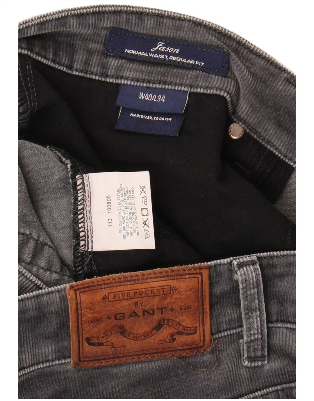 Calça masculina GANT Jason Regular Fit reta de veludo cotelê W40 L34 algodão cinza