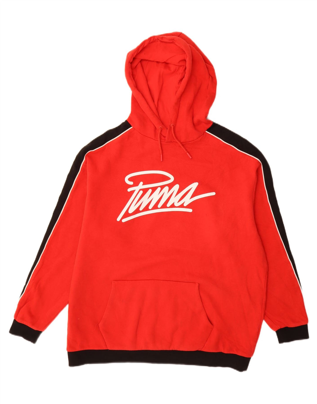 Suéter feminino PUMA com capuz gráfico oversized UK 14 grande bloco colorido vermelho