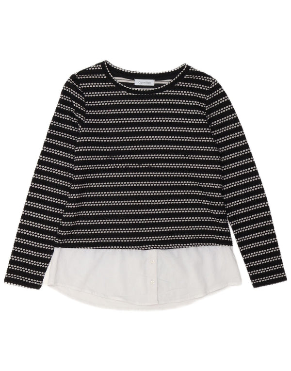 CALVIN KLEIN Top feminino manga comprida UK 12 listrado preto médio