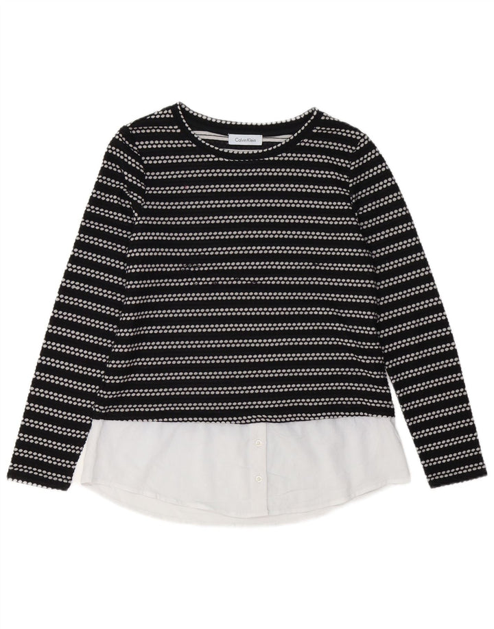 CALVIN KLEIN Top feminino manga comprida UK 12 listrado preto médio