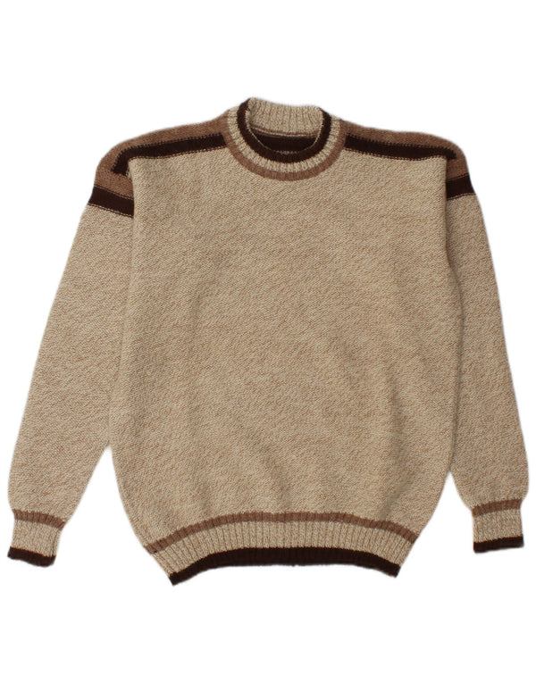 Suéter vintage masculino com gola redonda, bloco colorido bege médio e acrílico