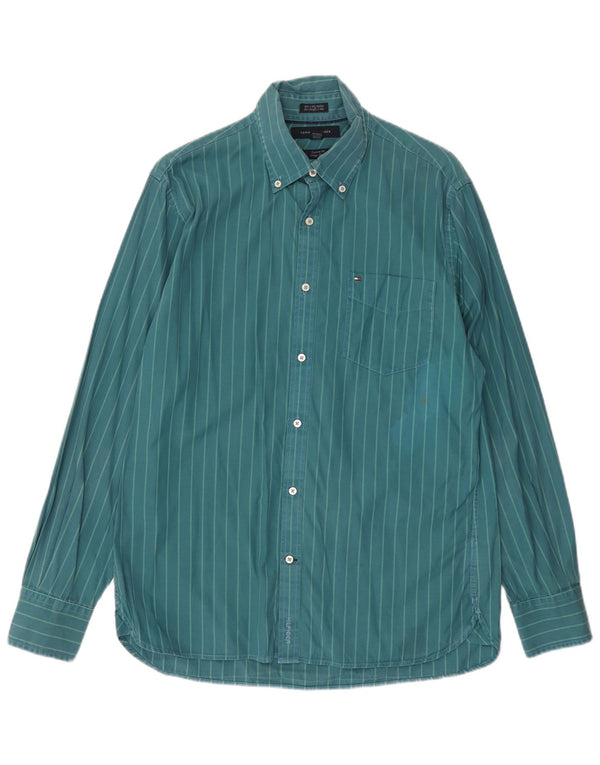 Camisa masculina Tommy Hilfiger Custom Fit tamanho 15 1/2 16 listrado verde médio